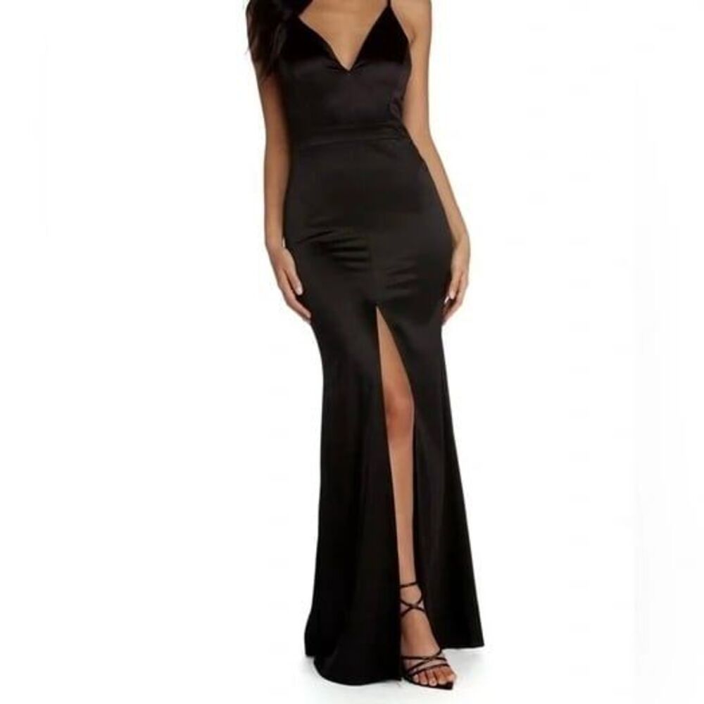 A. Peach Shiny Thick Stretchy Satin Plunge Front Slit Bodycon Maxi Gown Dress S